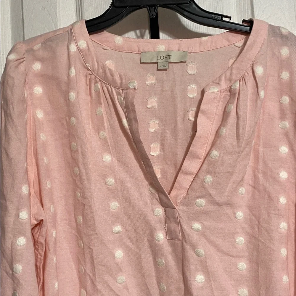 LOFT Pink & white cotton blend Dot Pullover Blouse top shirt size LARGE - Picture 2 of 11